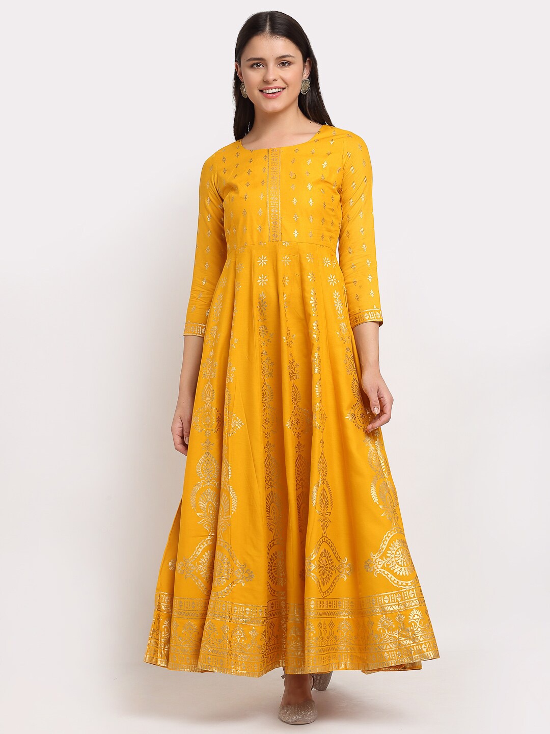 Lovely Lady Women Mustard Yellow Floral Printed Ethnic A-Line Maxi Dress