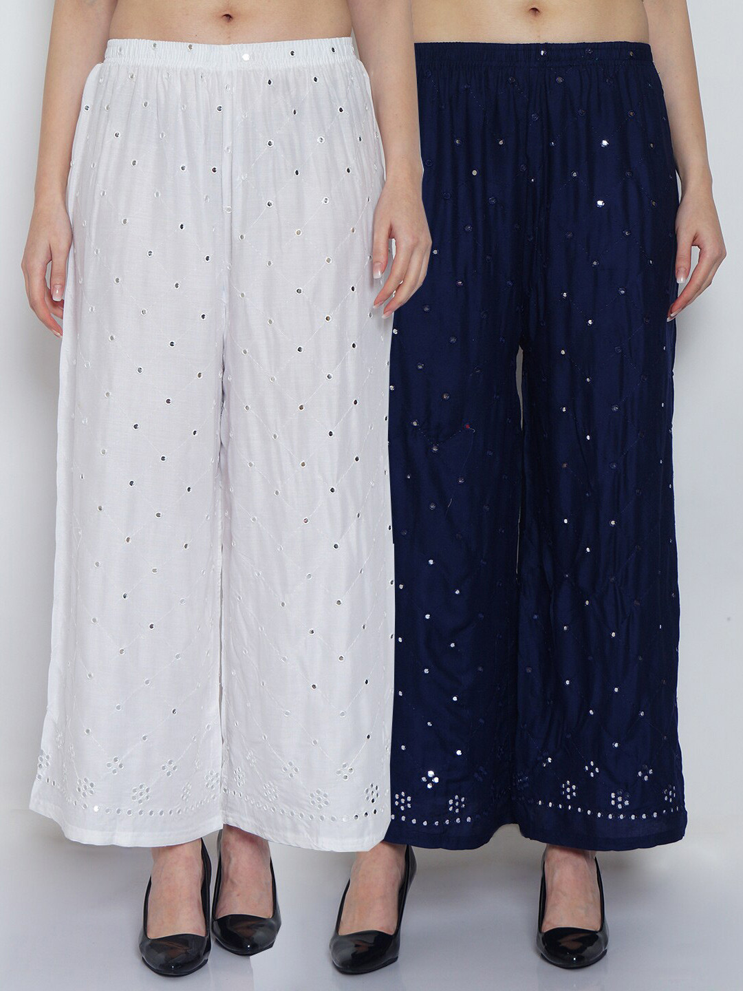 GRACIT Women White & Navy Blue Set of 2 Embellished Flared Knitted Ethnic Palazzos
GRACIT Women White & Navy Blue Set of 2 Embellished Flared Knitted Ethnic Palazzos