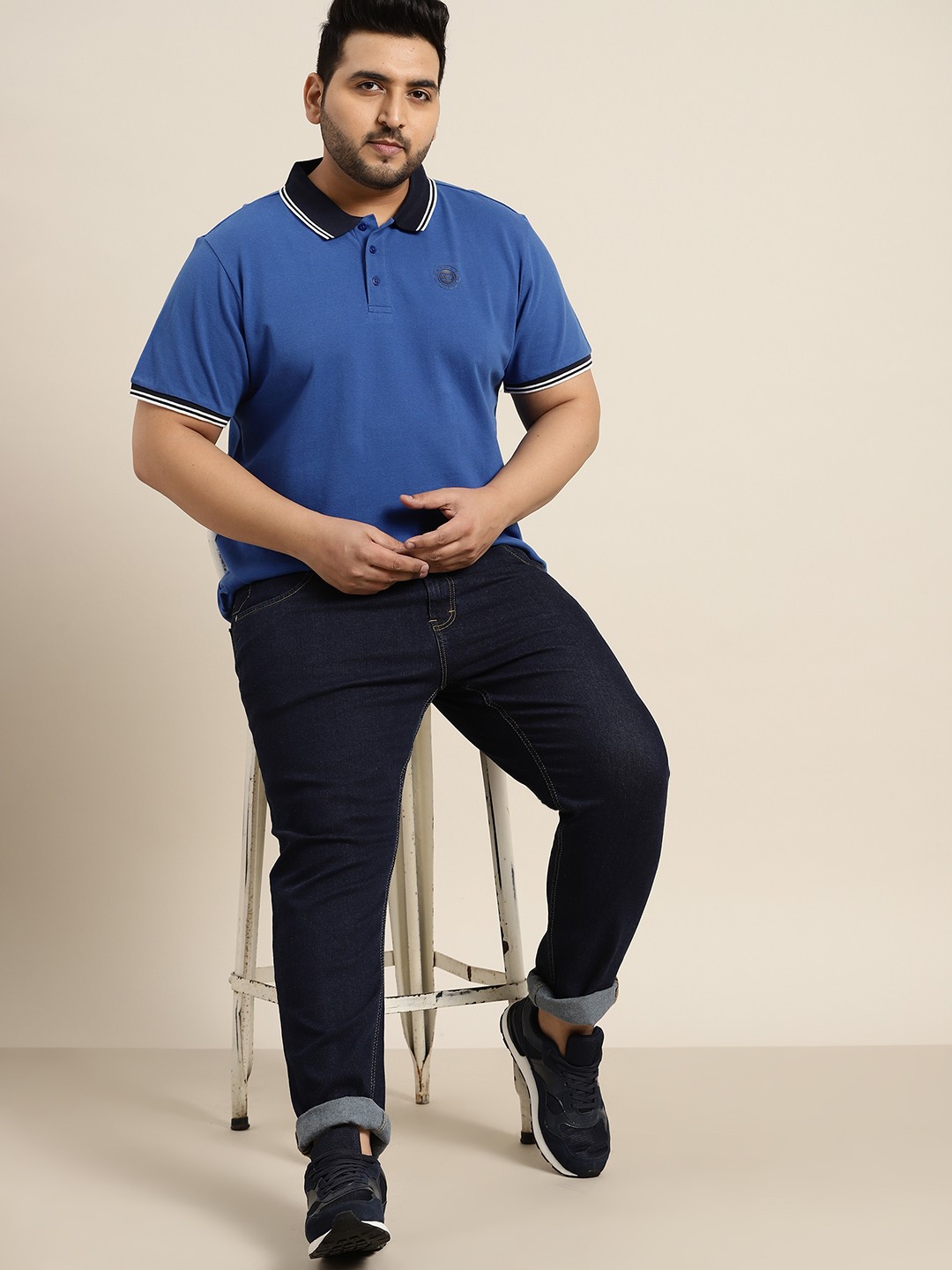 Sztori Men Plus Size Blue Solid Polo Collar Pure Cotton T-shirt