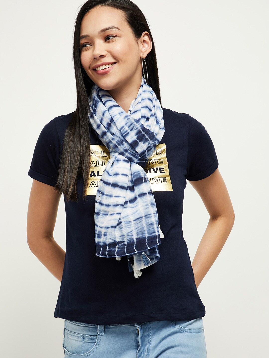 max Women Navy Blue & White Tie & Dye Scarf