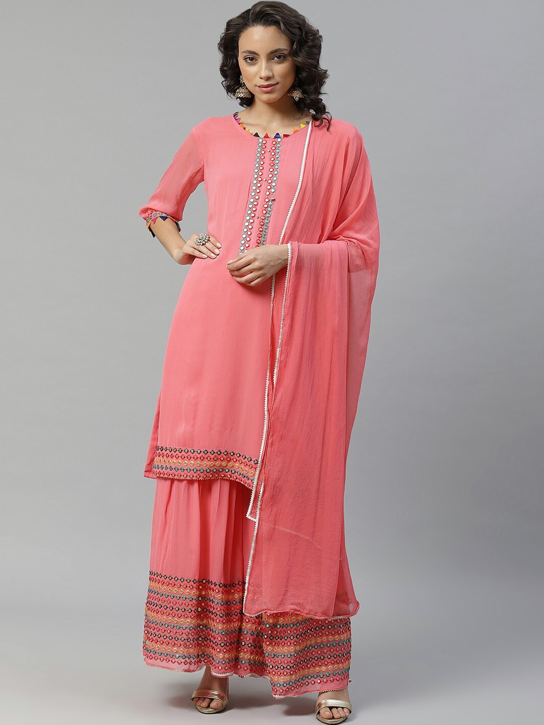 Chhabra 555 Pink & Blue Embroidered Semi-Stitched Dress Material