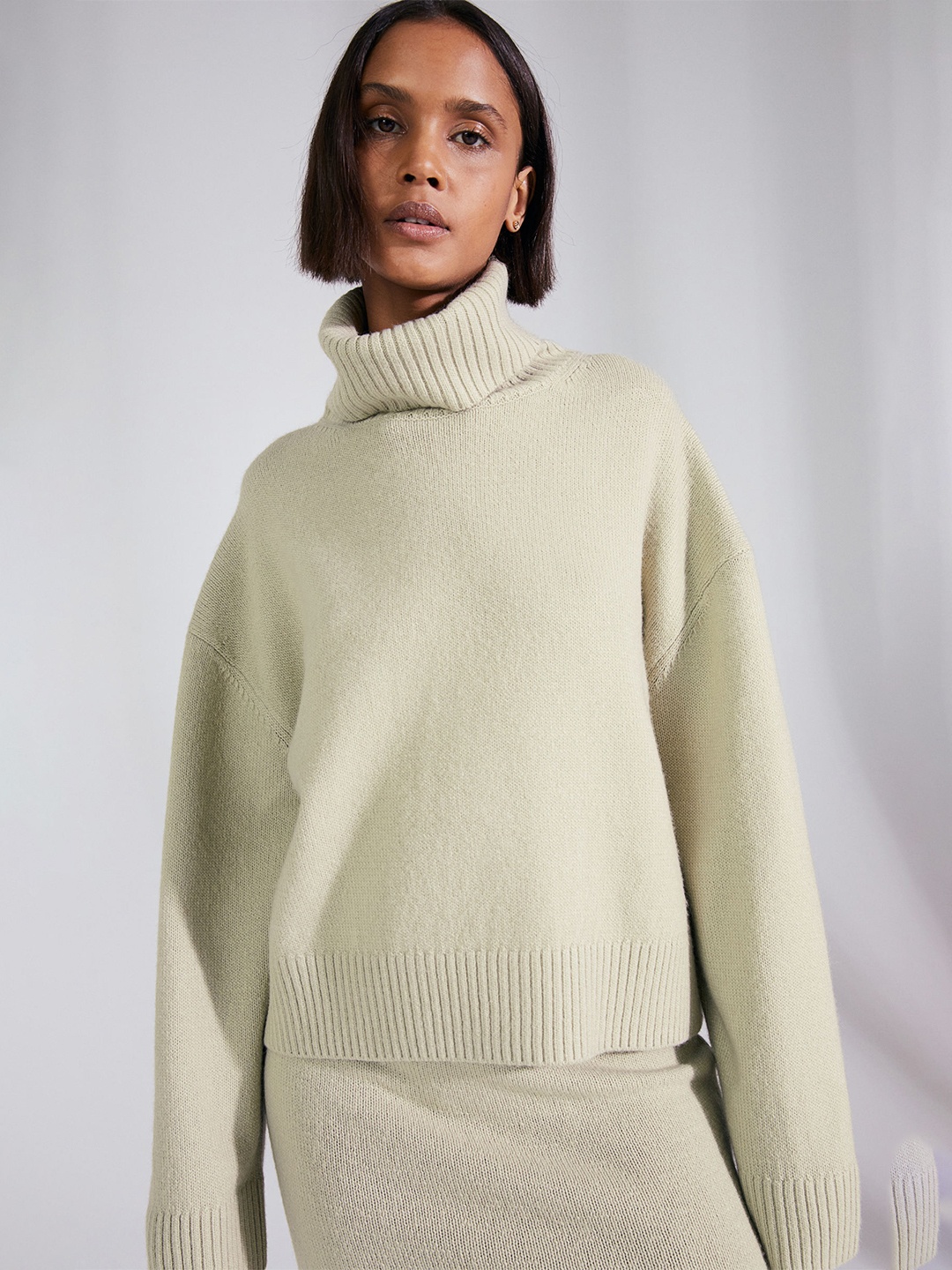 H&M Women Beige Oversized Polo-Neck Jumper
