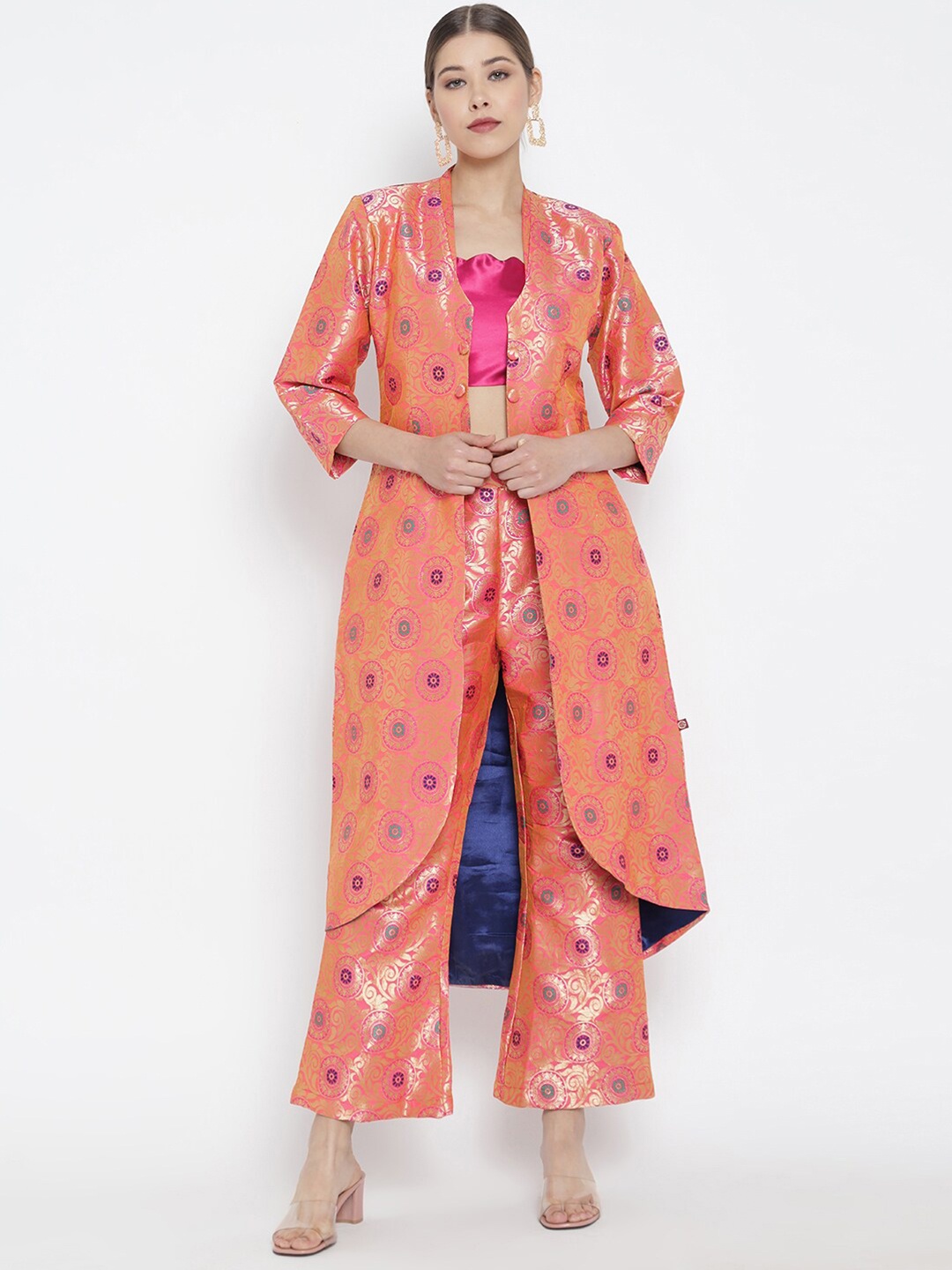 RAISIN Women Coral & Gold-Toned Jacquard Banarasi Brocade Coat With Trousers
