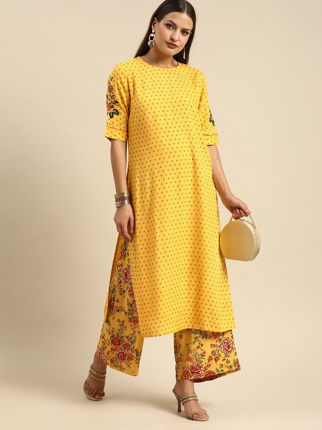 all about you Women Yellow Printed Kurta with Palazzos