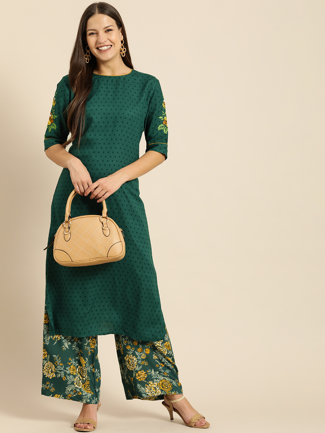 all about you Women Teal Green Polka Dot Printed Kurta with Floral Printed Palazzos
all about you Women Teal Green Polka Dot Printed Kurta with Floral Printed Palazzos