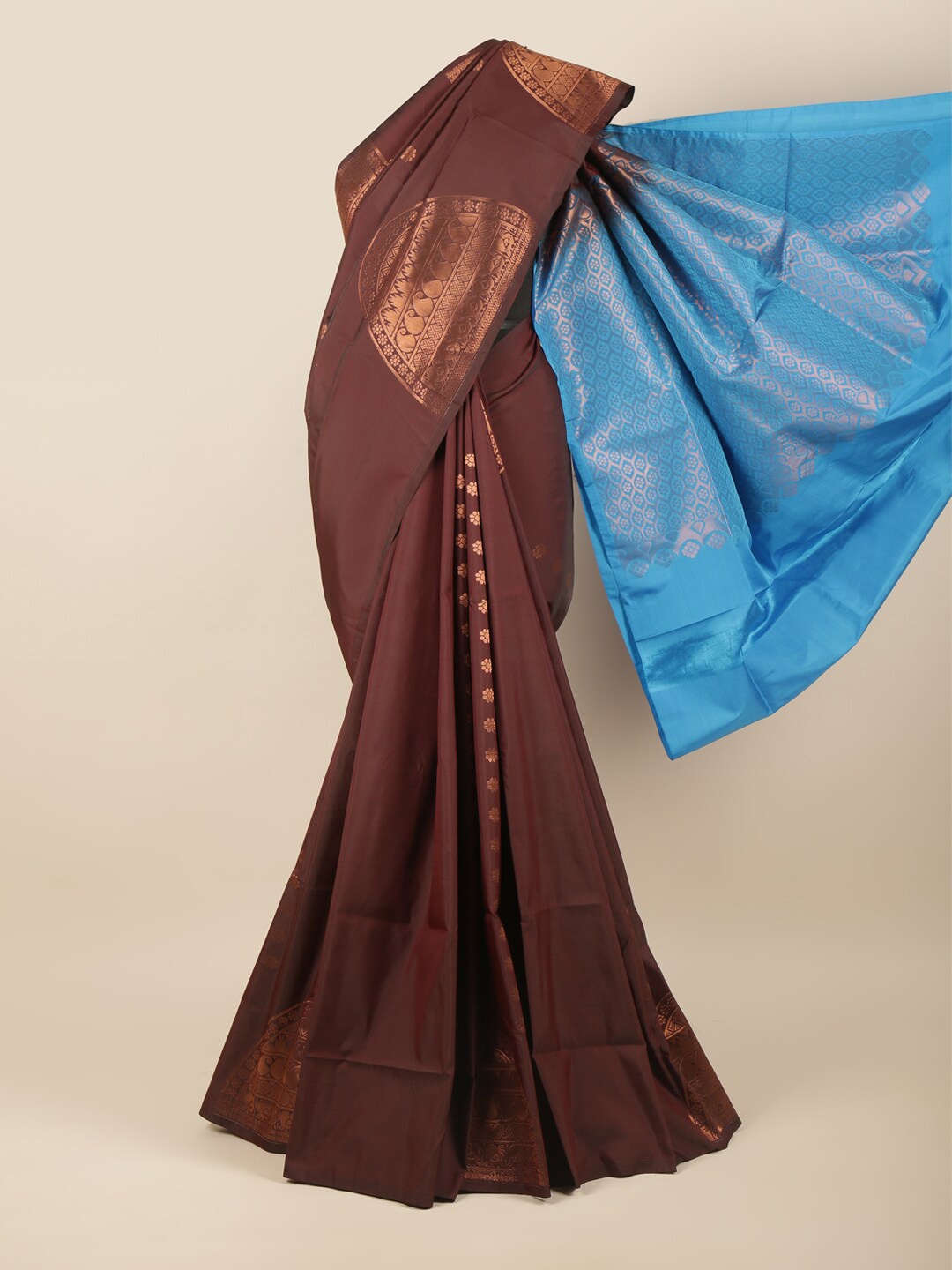 Pothys Brown & Blue Woven Design Art Silk Saree