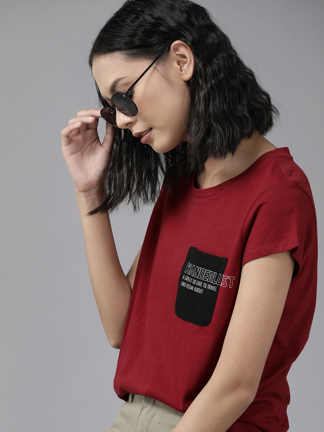 The Roadster Lifestyle Co. Women Maroon Typography Printed Pure Cotton T-shirt