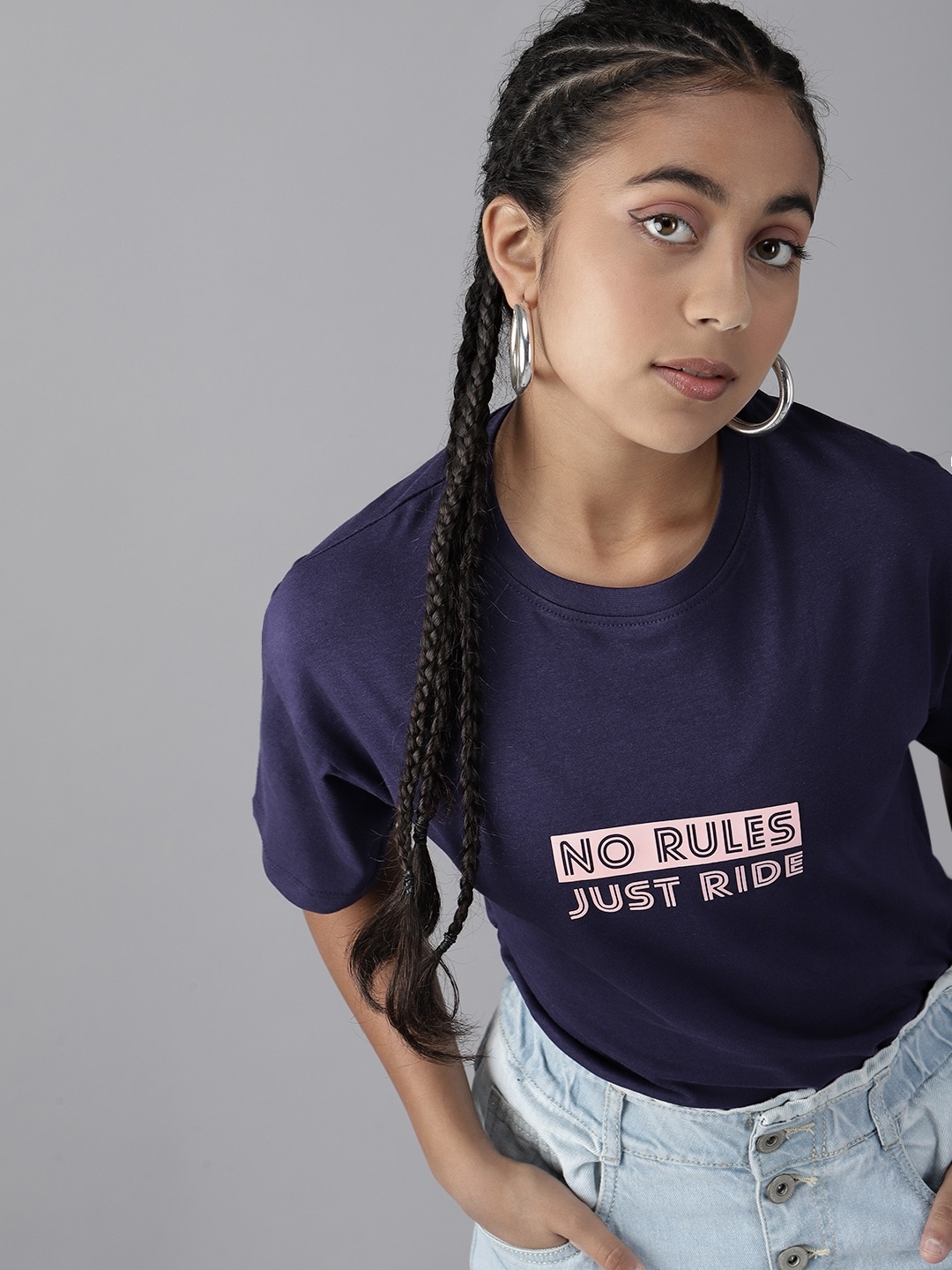 UTH by Roadster Teen Girls Pure Cotton Typography Printed T-shirt, Navy blue