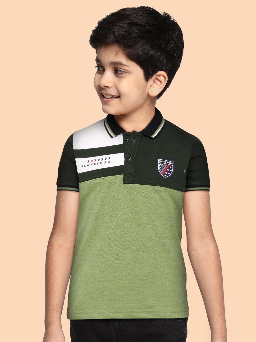 Monte Carlo Boys Green & White Colourblocked Polo Collar T-shirt