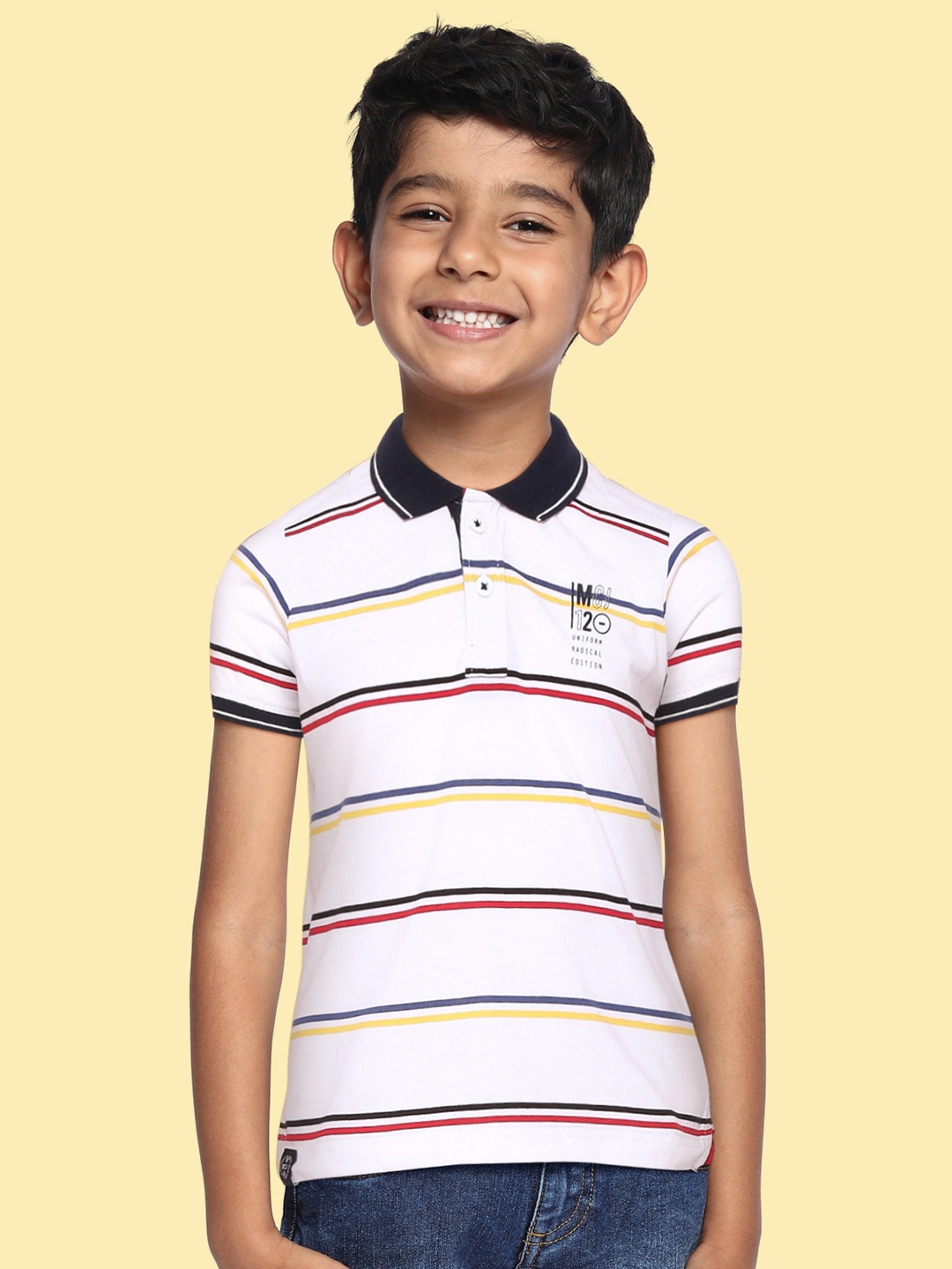 Monte Carlo Boys White & Maroon Striped Polo Collar T-shirt