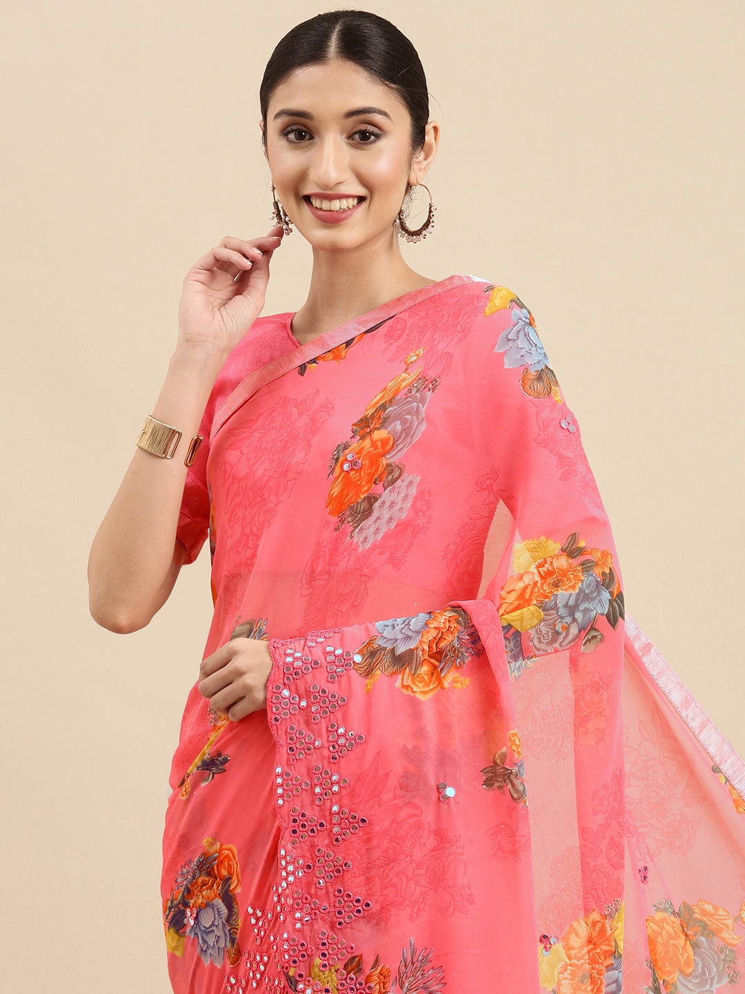 Anouk Pink & Mustard Yellow Floral Mirror Work Pure Georgette Celebrity Saree