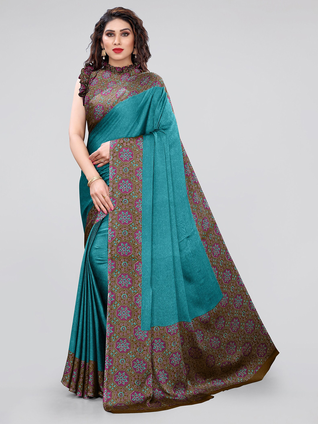 KALINI Teal & Pink Ethnic Motifs Block Print Saree 
KALINI Teal & Pink Ethnic Motifs Block Print Saree