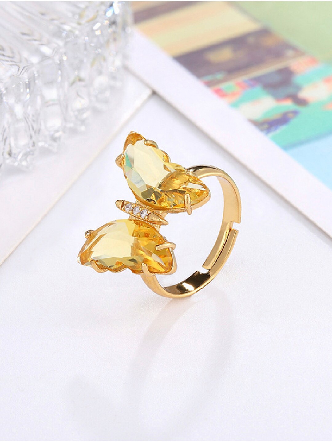 Vembley Women Yellow Gold Plated Crystal Butterfly Ring
