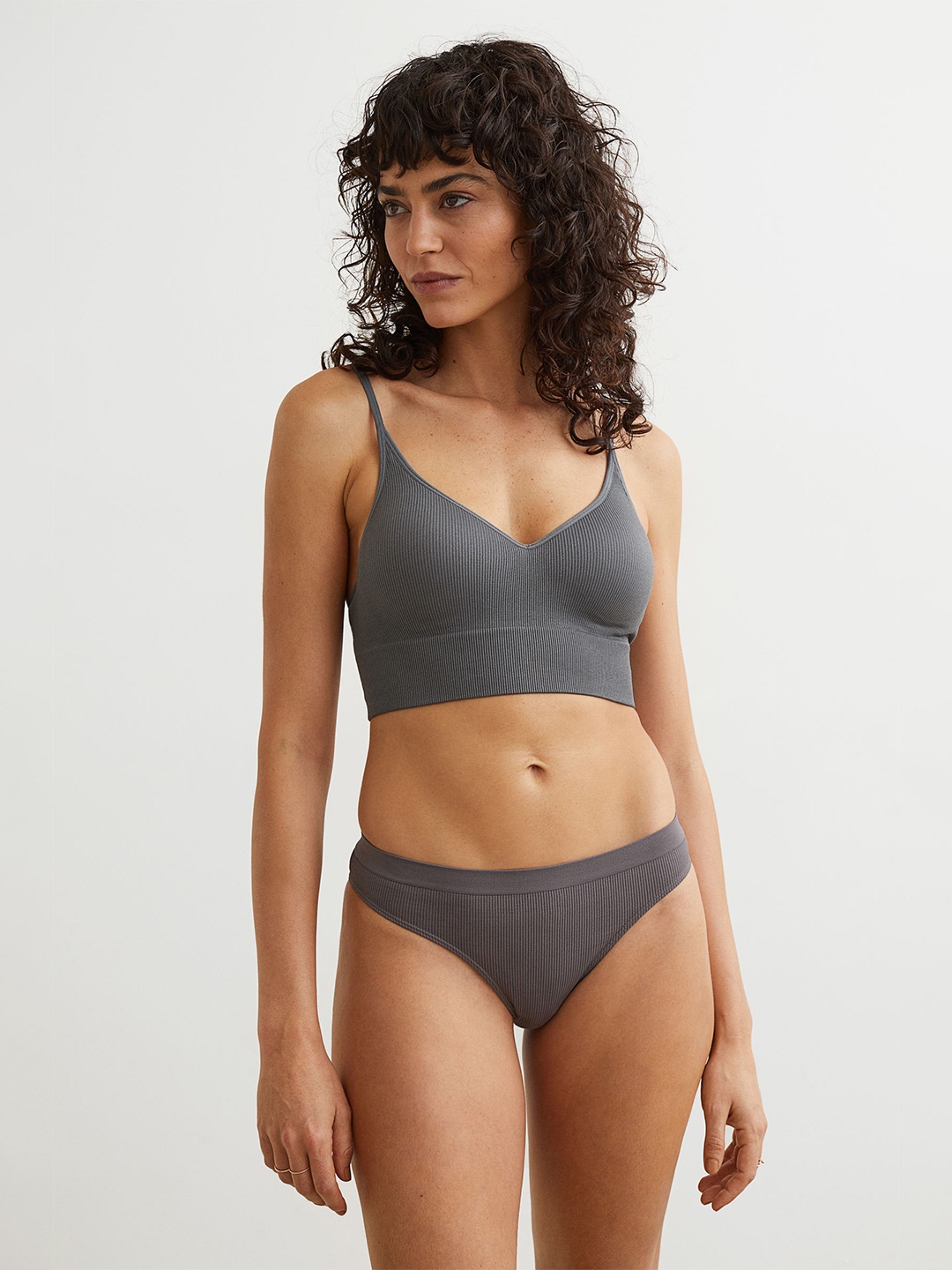 H&M Grey Solid Light Push-Up Ribbed Bralette