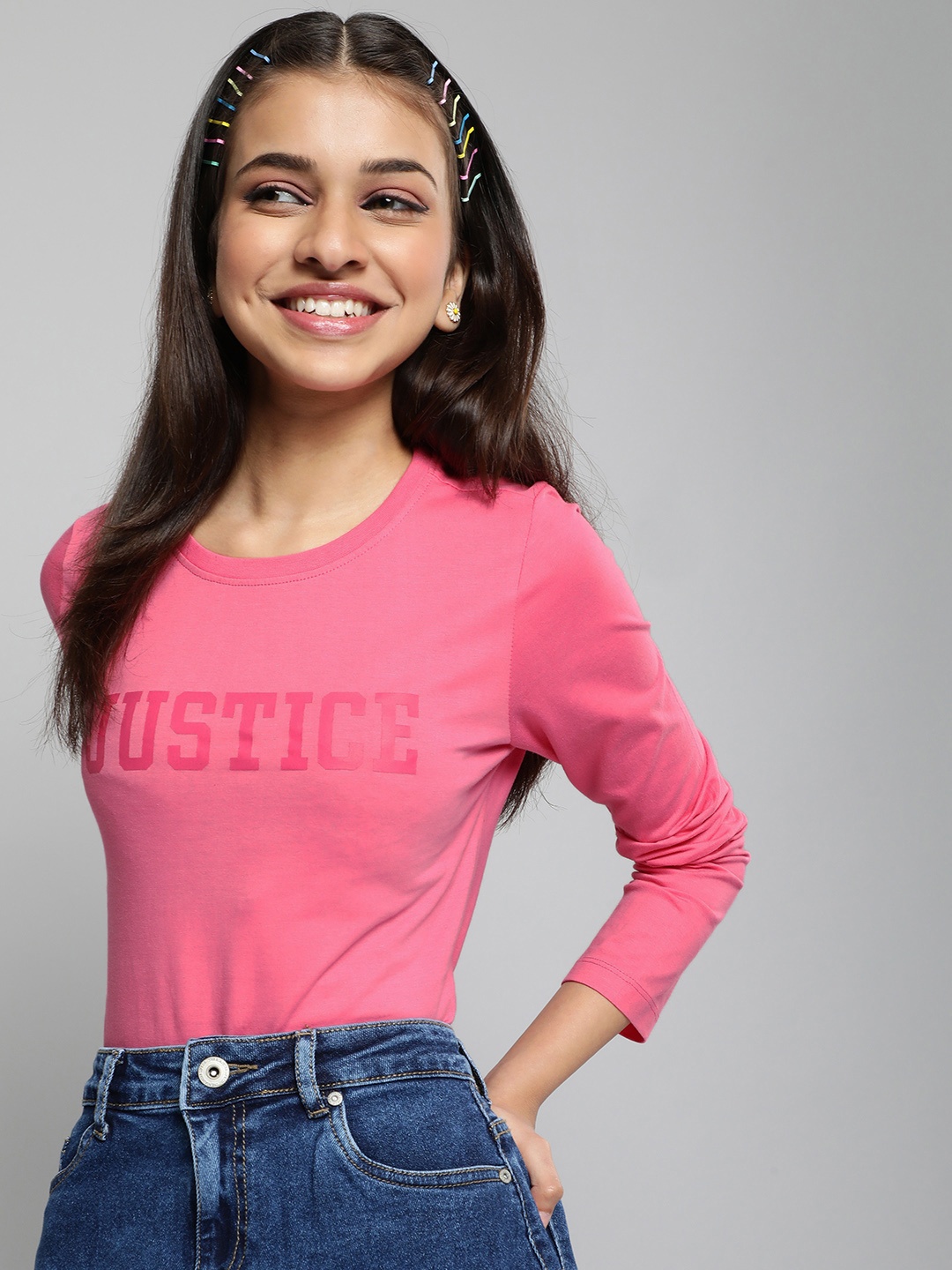 JUSTICE Girls Pink Typography Printed Pure Cotton T-shirt
