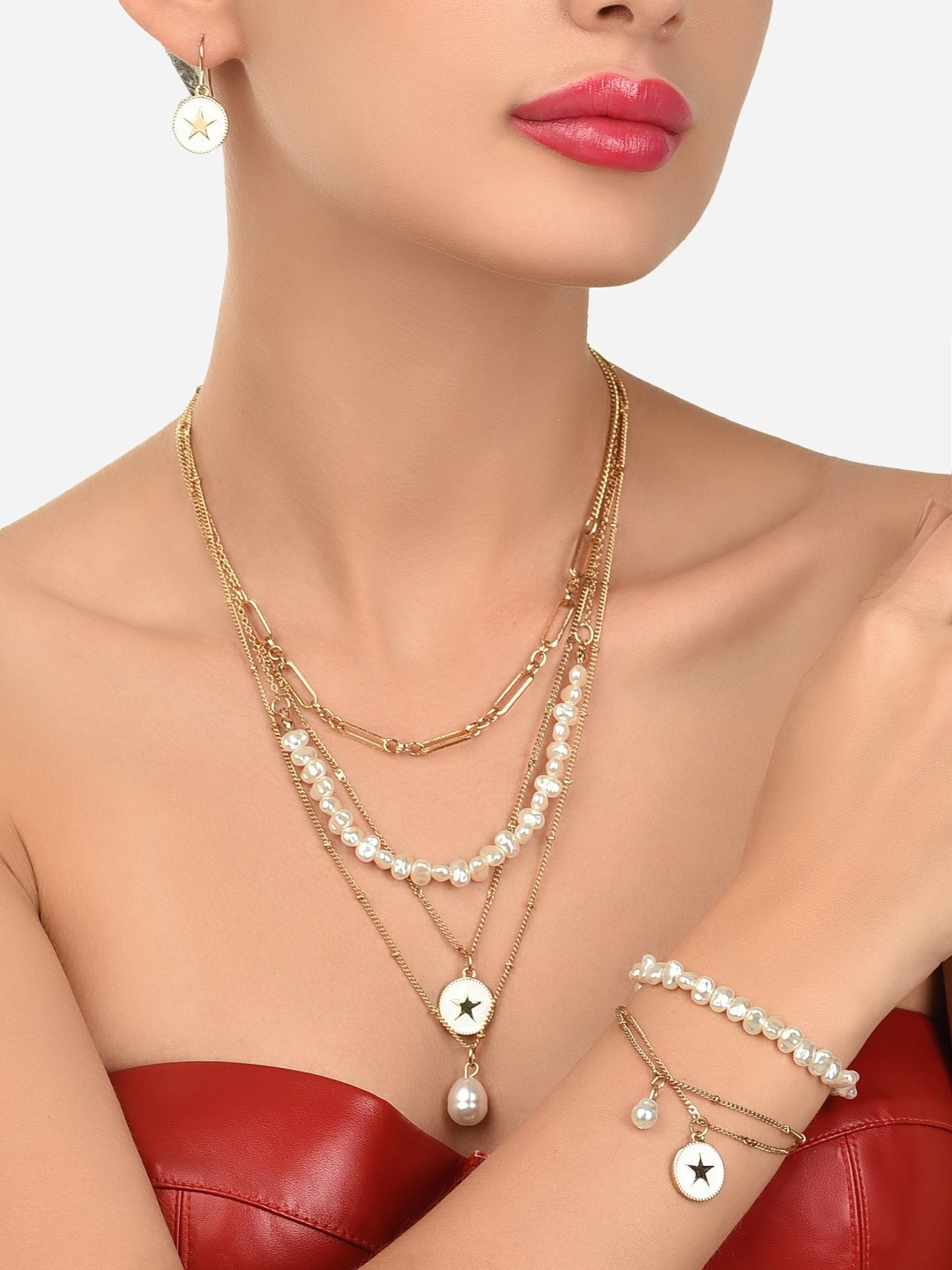 AMI White & Gold-Plated 3 Layered Contemporary Beaded Charm Chain Earring & Bracelet Set
AMI White & Gold-Plated 3 Layered Contemporary Beaded Charm Chain Earring & Bracelet Set