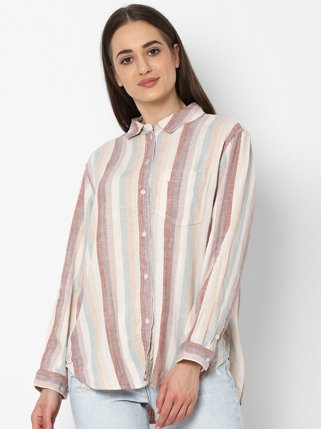 AMERICAN EAGLE OUTFITTERS Women White & Purple Striped Casual Shirt 
AMERICAN EAGLE OUTFITTERS Women White & Purple Striped Casual Shirt