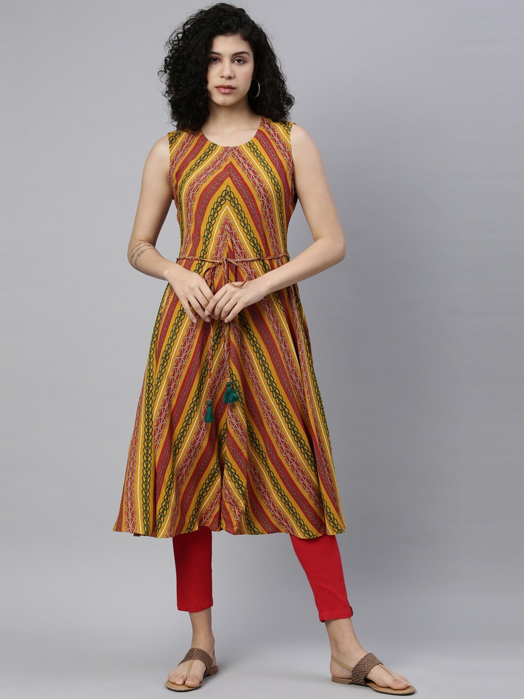 Neerus Women Mustard Yellow & Red Striped Kurta