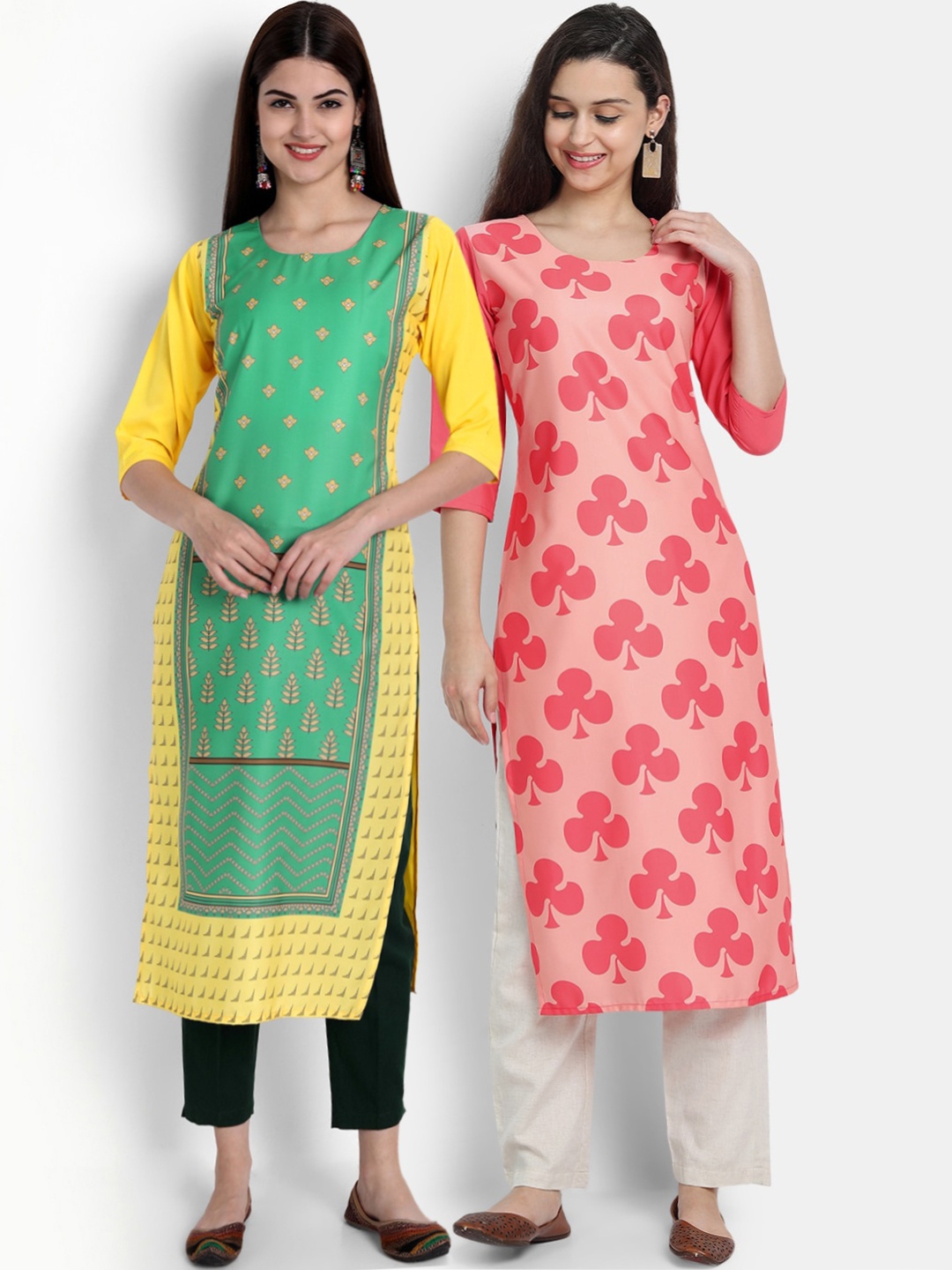 Ethnic basket Women Pack Of 2 Green & Red Floral Printed Crepe Kurta