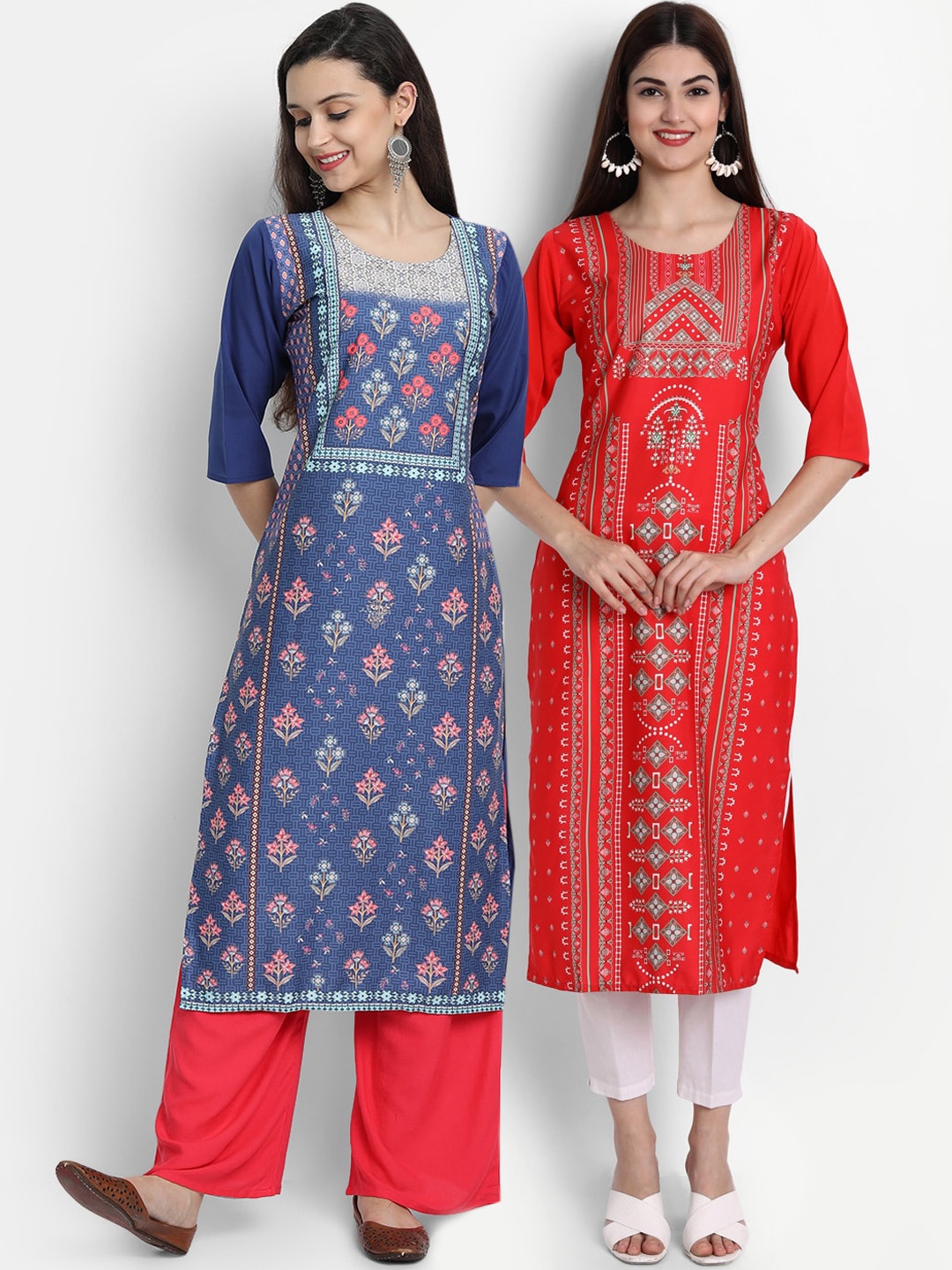 Ethnic basket Women Red & Blue Pack Of 2 Digital Printed Crepe Kurta