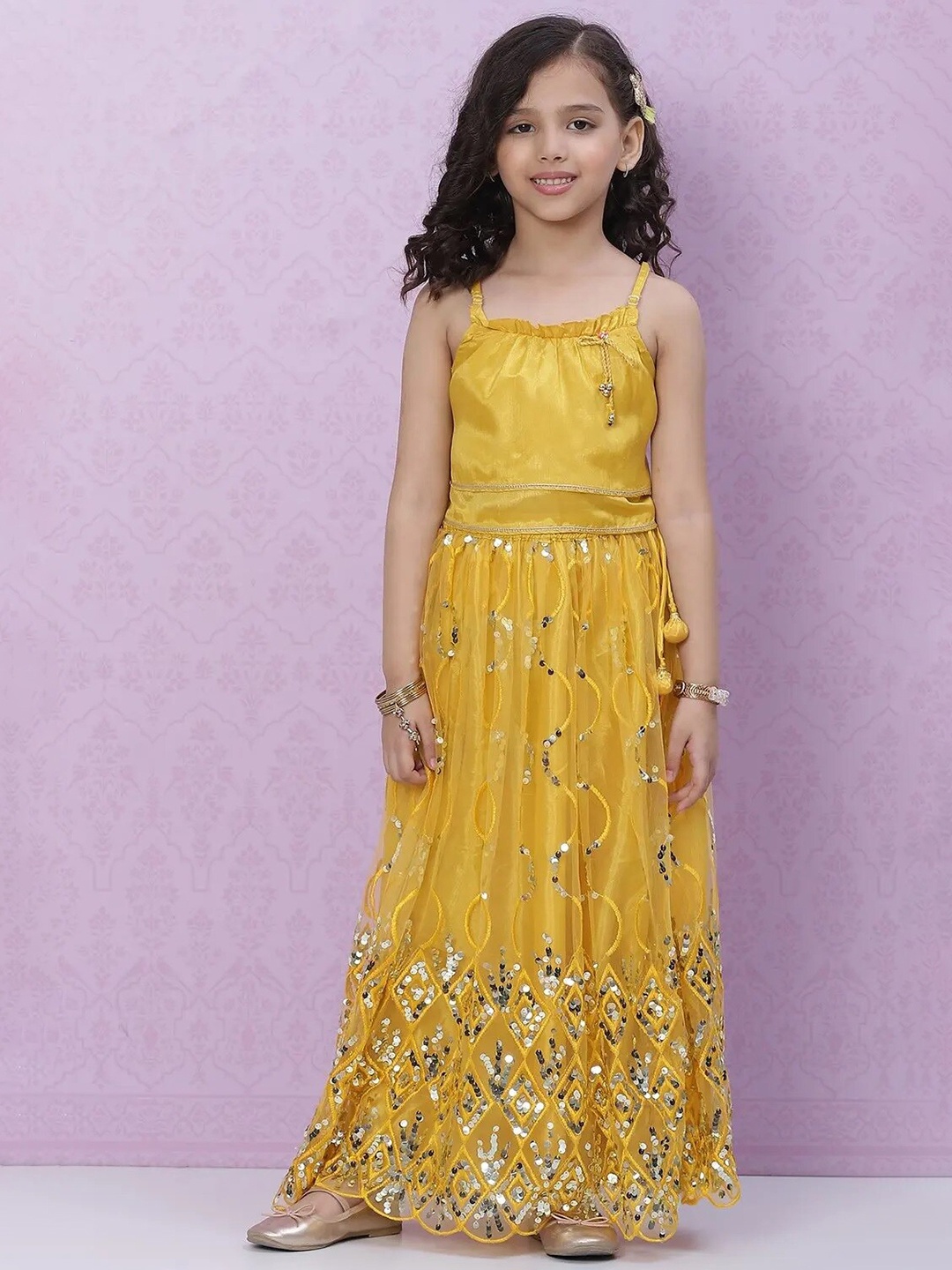 Biba Girls Yellow & Gold-Toned Sequinned Ready to Wear Lehenga & Choli