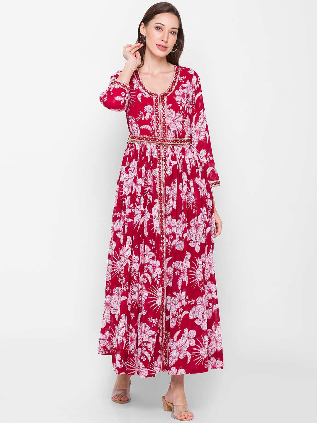 ZOLA Women Maroon & White Floral V-neck Anarkali Kurta