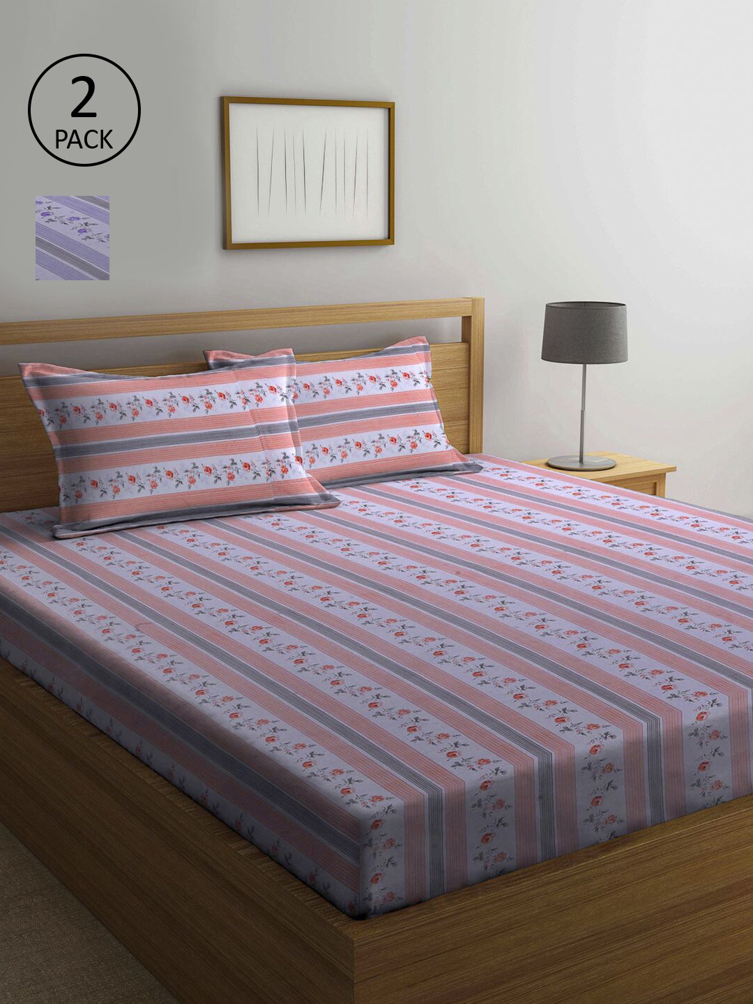 KLOTTHE Pink & Blue Floral 210 TC 2 Queen Bedsheet with 4 Pillow Covers