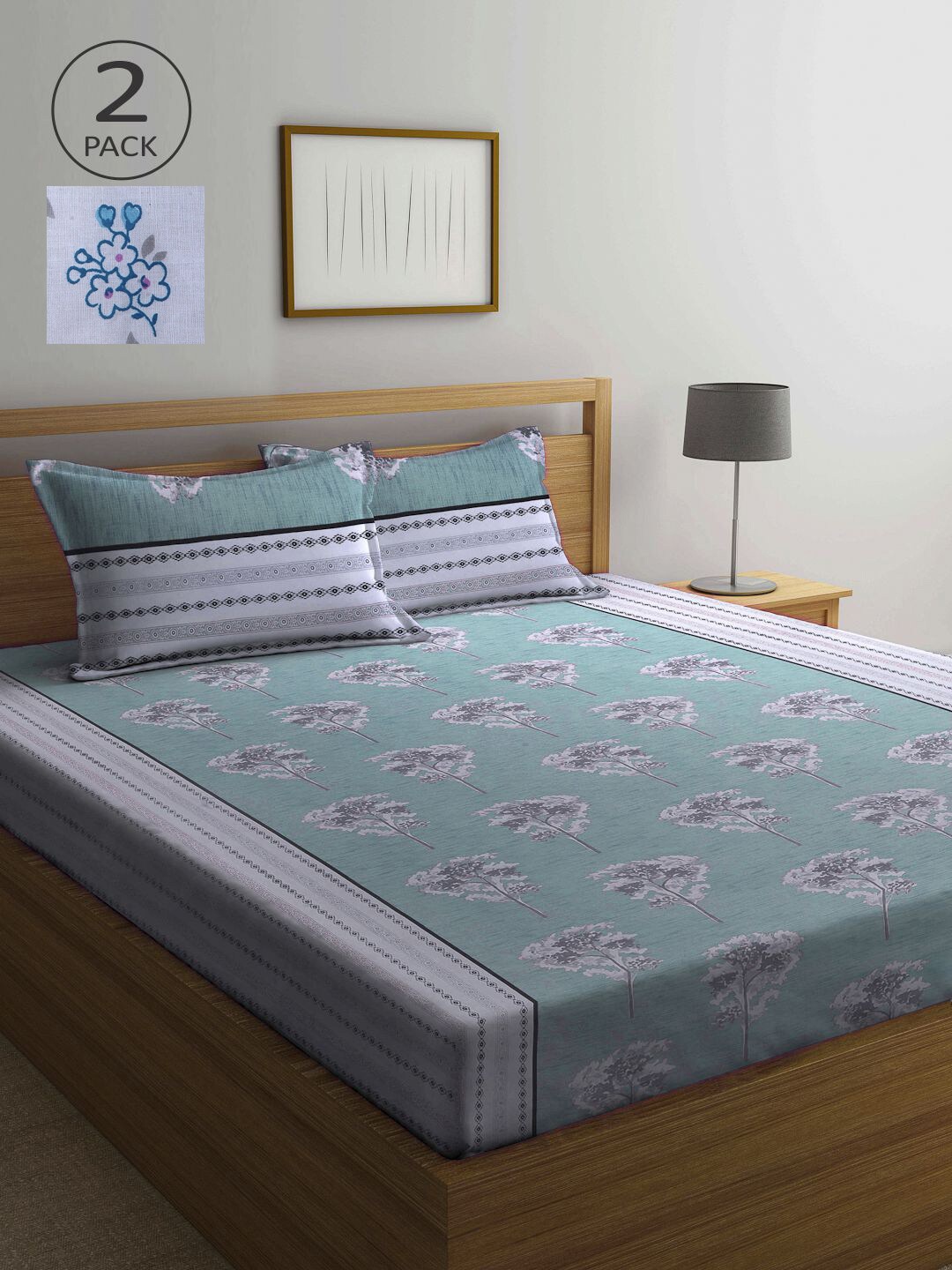 KLOTTHE Blue & White Floral 210 TC 2 Queen Bedsheet with 4 Pillow Covers