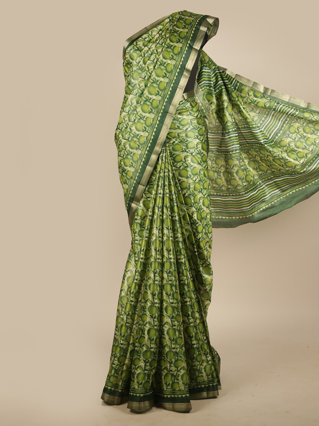 Pothys Green Floral Printed Zari Jute Silk Saree