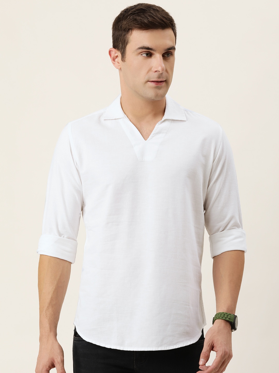 Bene Kleed Men White Solid Cotton Linen Kurta