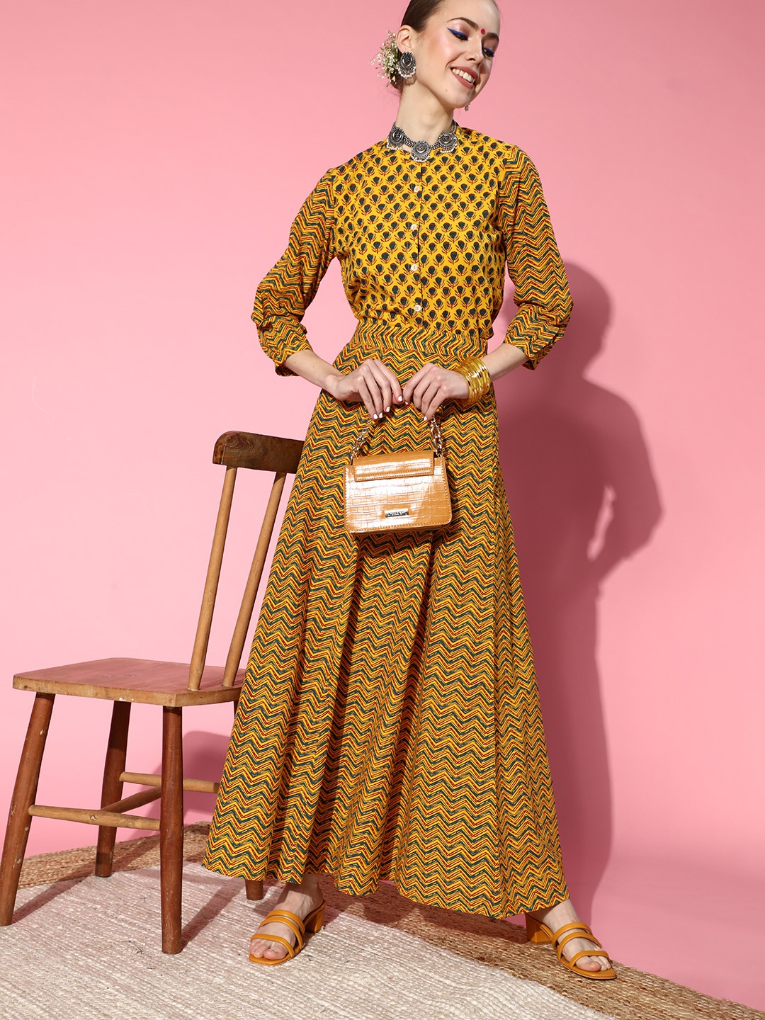 Sangria Women Yellow Ethnic Motifs Printed Pure Cotton Top with Skirt