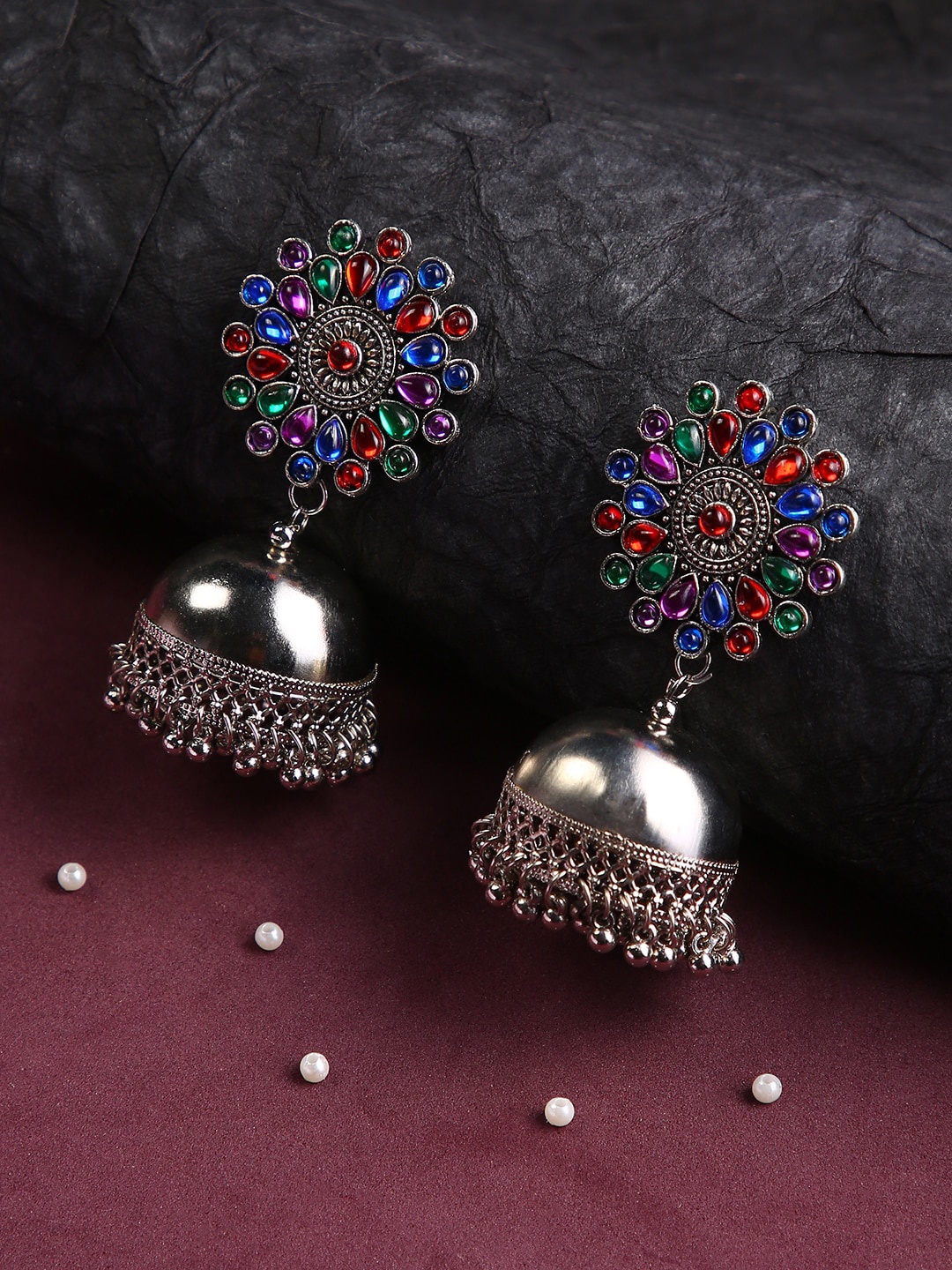 justpeachy Oxidised Silver-Plated Multicoloured Stone-Studded Jhumkas Earrings, Multi
justpeachy Oxidised Silver-Plated Multicoloured Stone-Studded Jhumkas Earrings, Multi