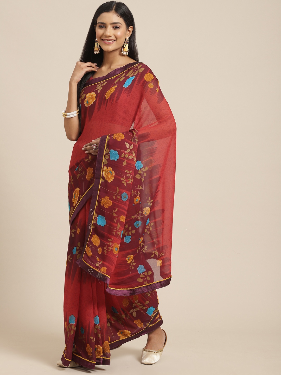 Triveni Red & Brown Printed Designer Saree