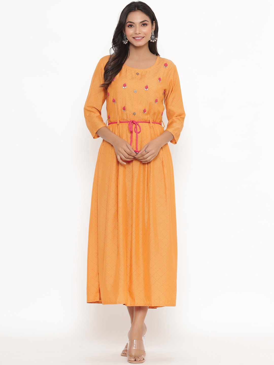 DIVYANK Women Yellow Floral Embroidered Thread Work Anarkali Kurta