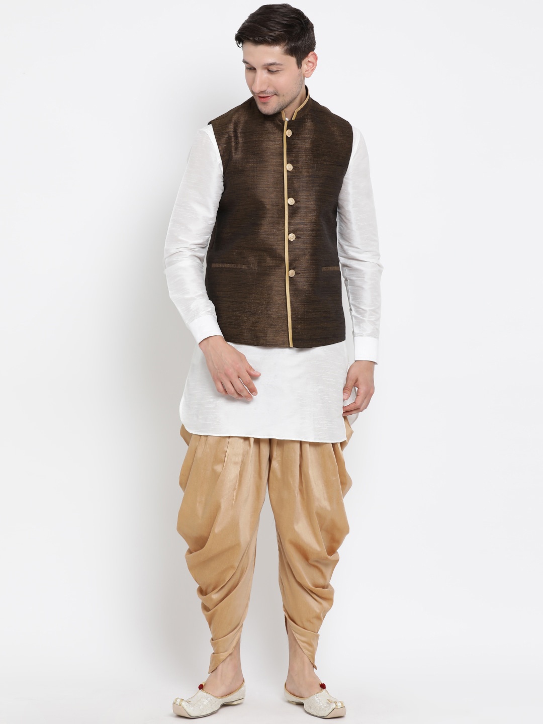 VASTRAMAY Men White & Beige Kurta with Dhoti Pants & Nehru Jacket