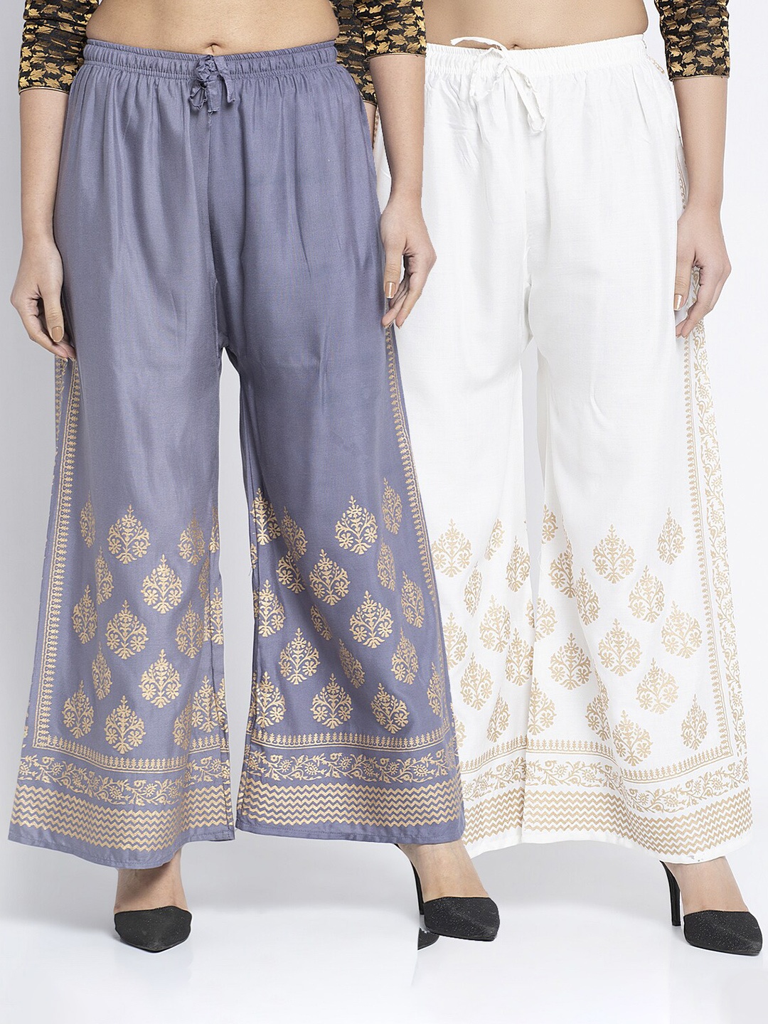 Jinfo Women Grey & Off White Set of 2 Ethnic Motifs Printed Flared Ethnic Palazzos
Jinfo Women Grey & Off White Set of 2 Ethnic Motifs Printed Flared Ethnic Palazzos