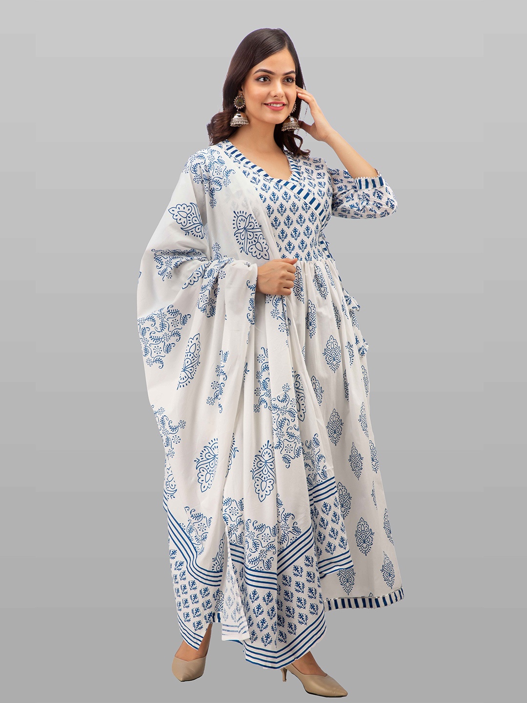 KALINI Women Blue Ethnic Motifs Printed Angrakha Pure Cotton Kurta with Trousers & Dupatta
KALINI Women Blue Ethnic Motifs Printed Angrakha Pure Cotton Kurta with Trousers & Dupatta