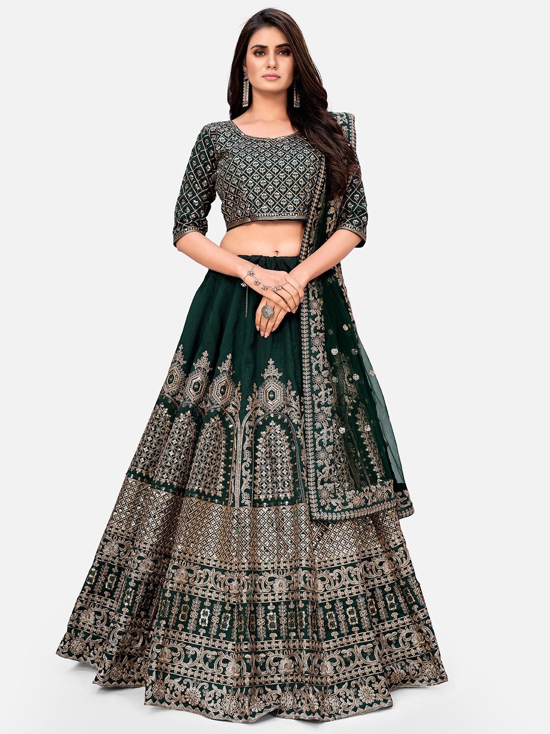 SHOPGARB Green & Gold-Toned Embroidered Sequinned Semi-Stitched Lehenga & Unstitched Blouse With Dupatta
SHOPGARB Green & Gold-Toned Embroidered Sequinned Semi-Stitched Lehenga & Unstitched Blouse With Dupatta