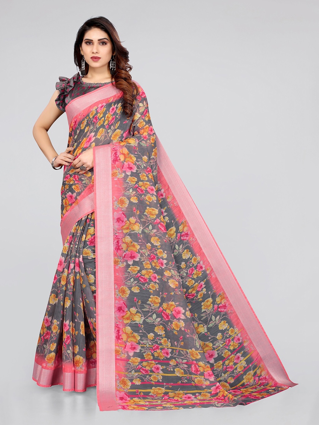 KALINI Grey & Pink Floral Printed Zari Bagh Saree