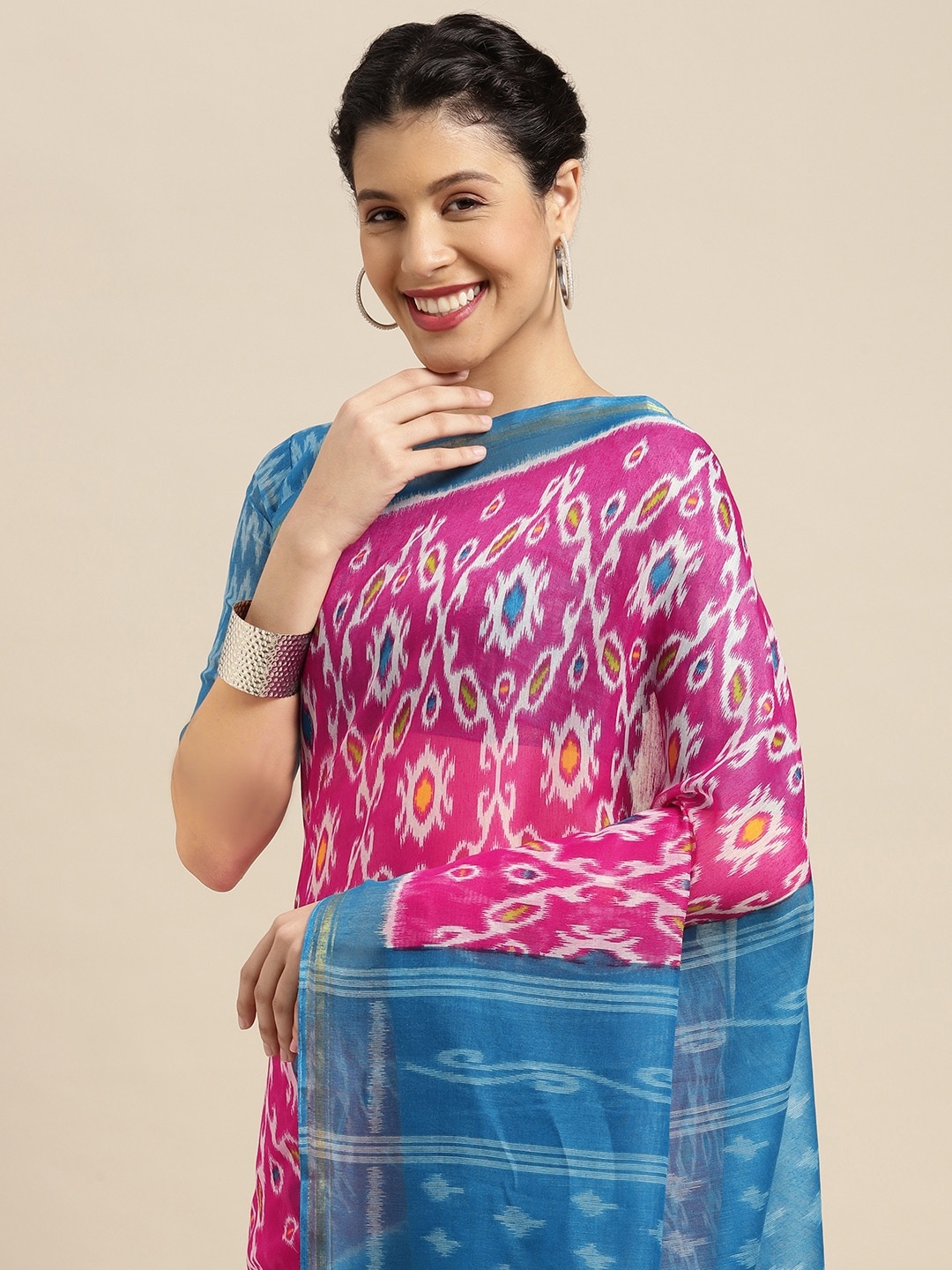 KALINI Pink & Blue Ethnic Motifs Zari Saree