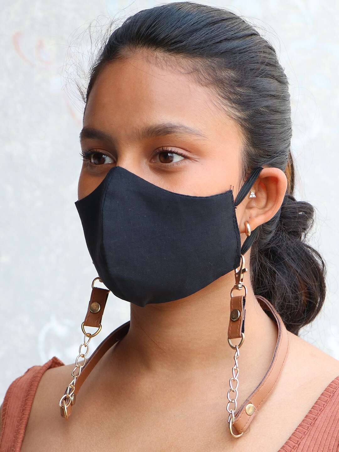 Ayesha Brown Leather Metallic Gold-Toned Mask & Sunglass Chain