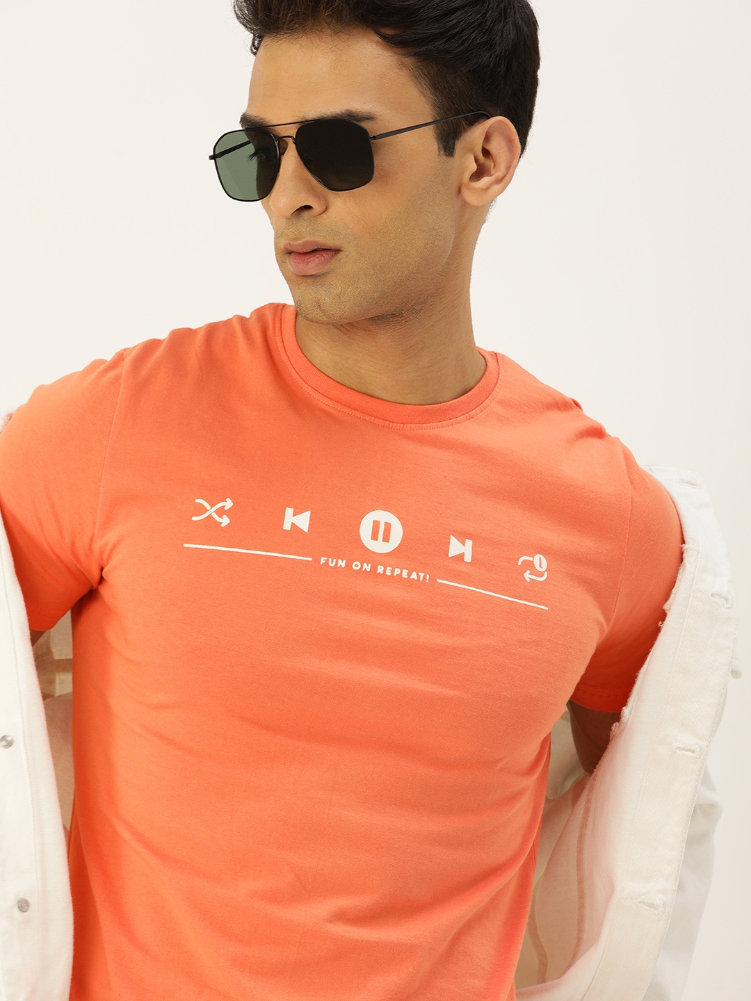 SINGLE Men Orange Printed Pure Cotton Slim Fit T-shirt