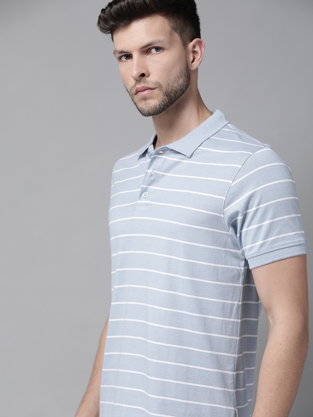 Roadster Men Blue & White Striped Polo Collar T-shirt