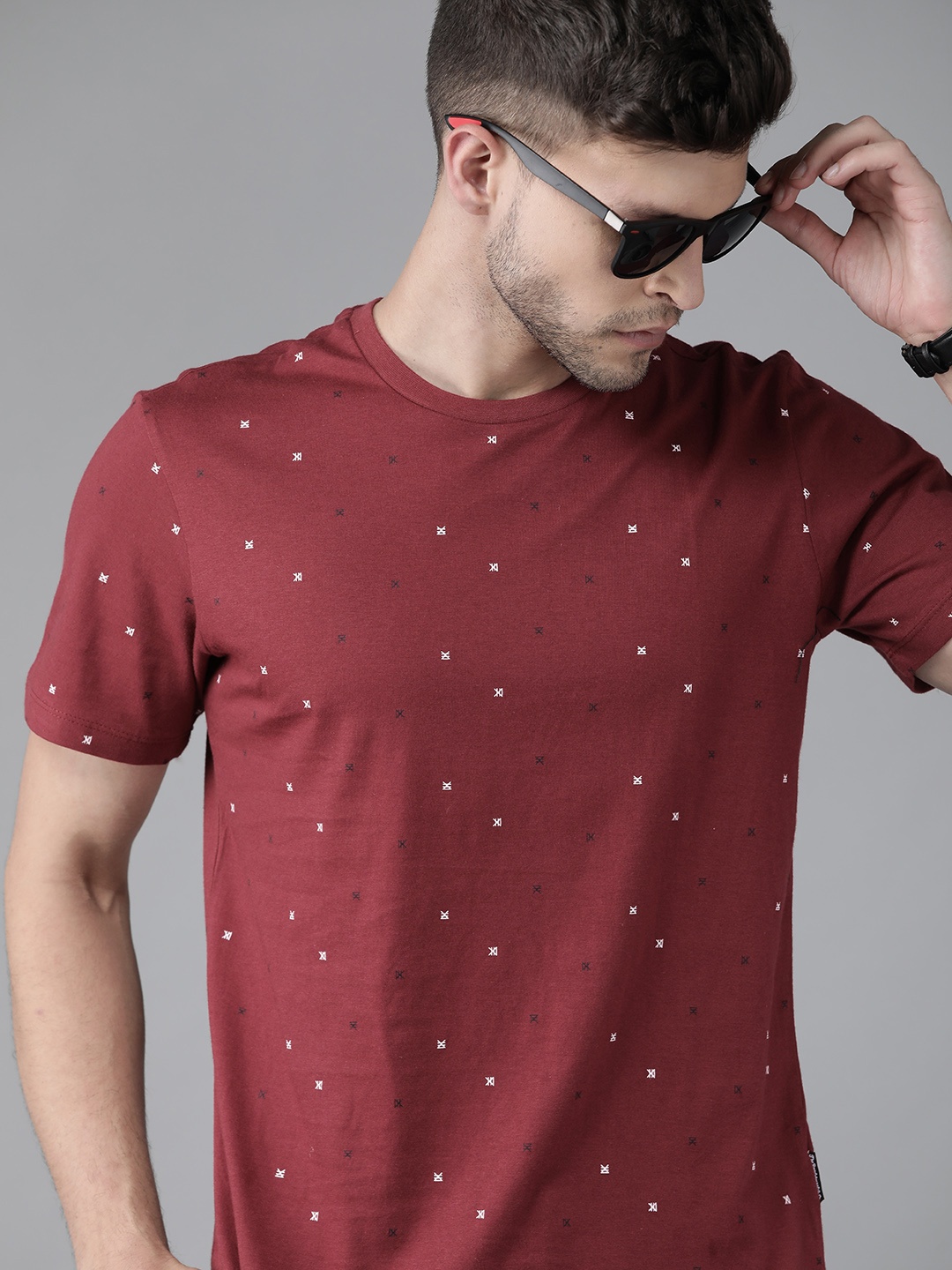 Roadster Men Maroon & White Printed Pure Cotton T-shirt