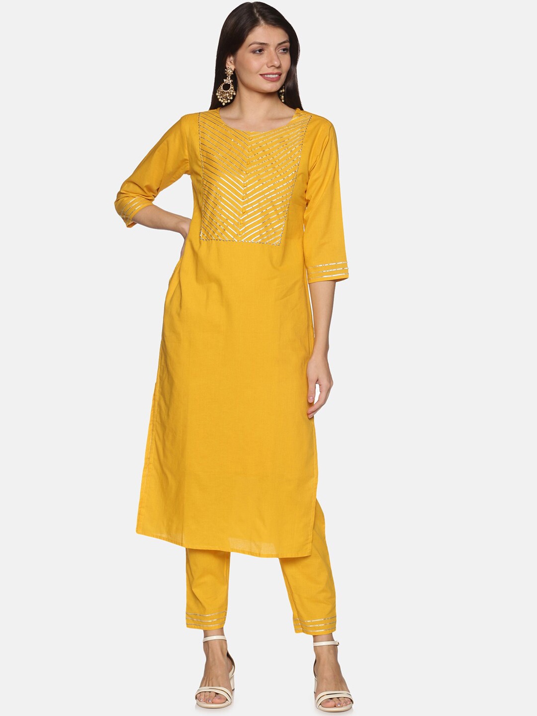 PNEHA Women Yellow & Gold-toned Yoke Design Embroidered Pure Cotton Kurta with Trousers
PNEHA Women Yellow & Gold-toned Yoke Design Embroidered Pure Cotton Kurta with Trousers
