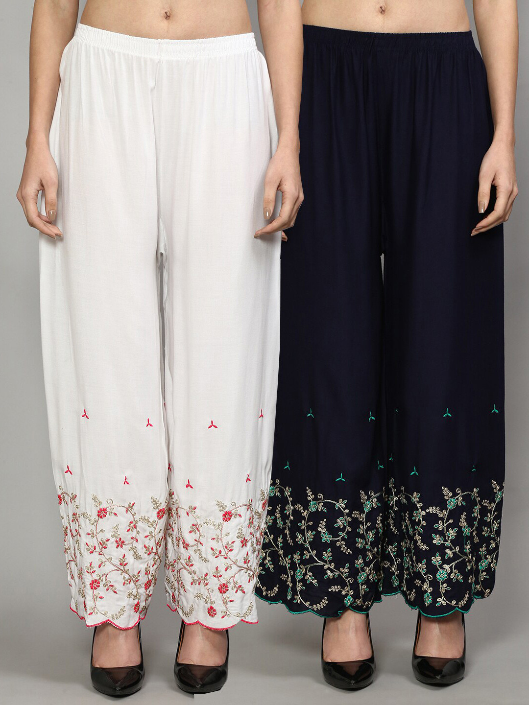 GRACIT Women Pack of 2 White & Navy Blue Floral Embroidered Flared Knitted Ethnic Palazzos
GRACIT Women Pack of 2 White & Navy Blue Floral Embroidered Flared Knitted Ethnic Palazzos