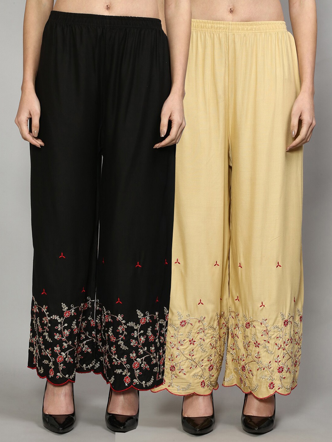 GRACIT Women Pack of 2 Black & Beige Floral Embroidered Flared Knitted Ethnic Palazzos
GRACIT Women Pack of 2 Black & Beige Floral Embroidered Flared Knitted Ethnic Palazzos