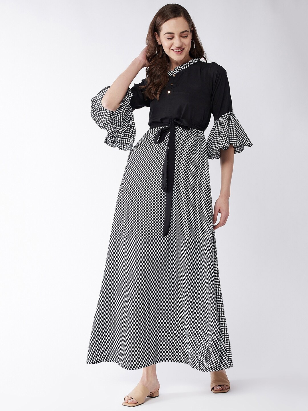 Purple Feather Black Crepe Maxi Dress