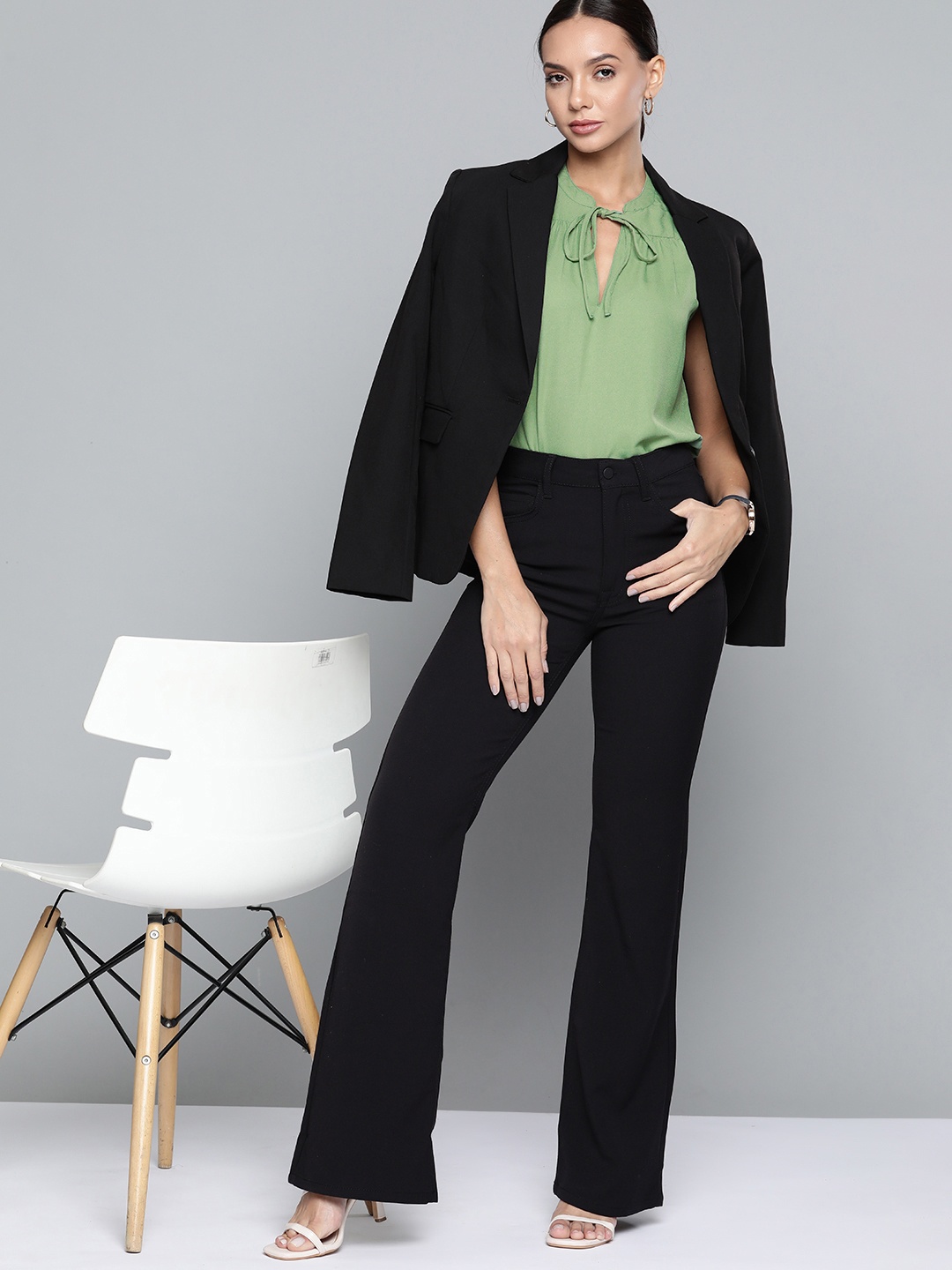 Chemistry Women Olive Green Solid Tie-Up Neck Top