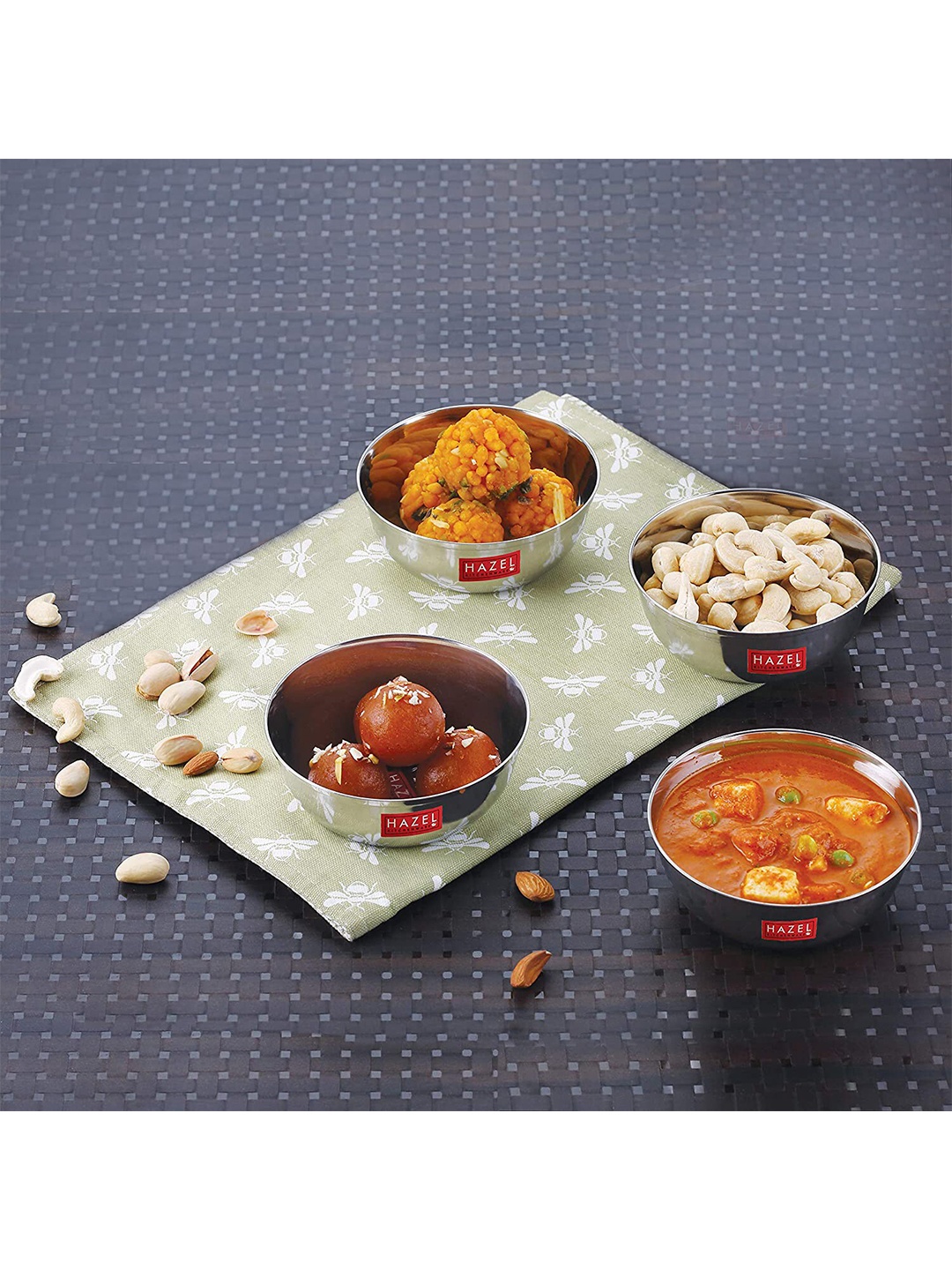 HAZEL Silver-Toned & 4 Pieces Stainless Steel Glossy Bowls